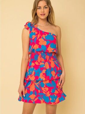Gilli One-Shoulder Floral Dress in Pink, Blue & Orange